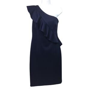 Jessica Howard Women's One Shoulder Sleeveless Flounce Navy Sheath Dress Sz 12